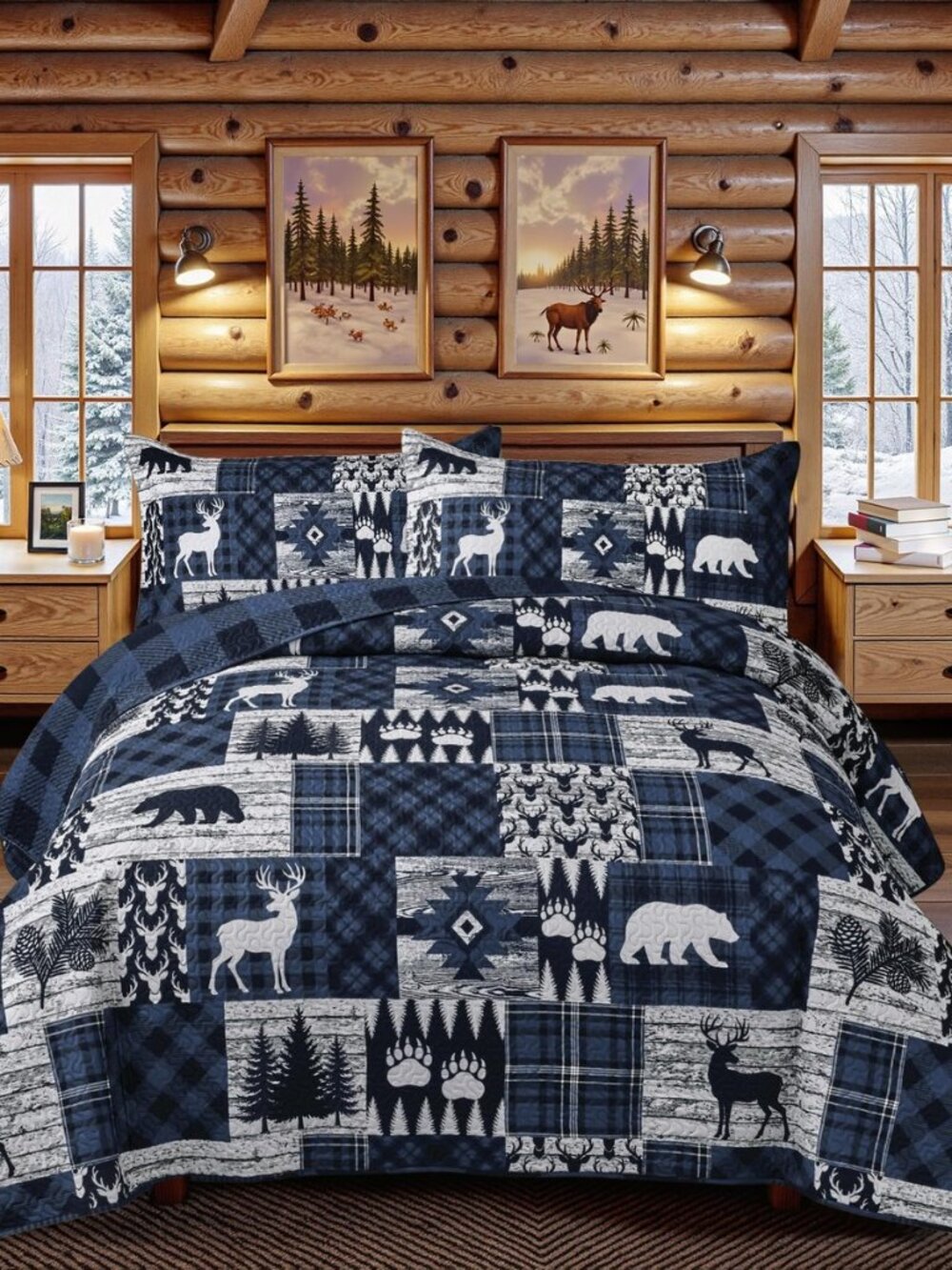 3 Piece Cabin Full/Queen Quilt Sets Farmhouse Rustic Reversible Microfiber Soft